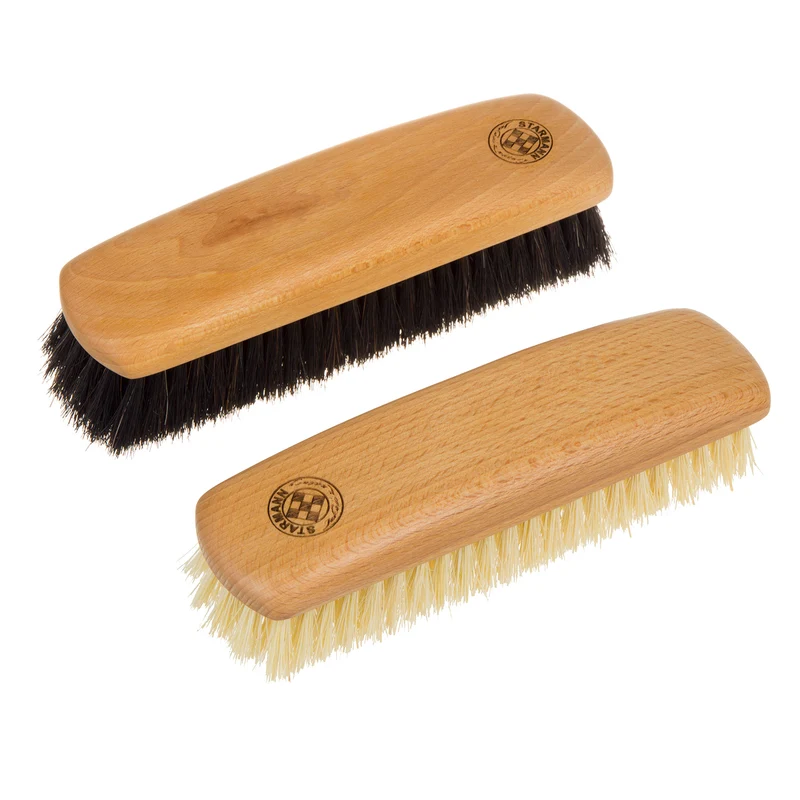 Set di 2 spazzole per scarpe in legno di faggio per la pulizia delle scarpe 1x fibra di tampico 1x in crine di cavallo Set di spazzole per lucidare le scarpe