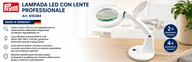 Prym Lente di Ingrandimento LED da Tavolo con Base – Ø 9,5 cm – Ingrandimento 2×/4× – Luce LED a Basso Consumo – Ideale per Cucito, Ricamo, Modellismo, Lettura 610384