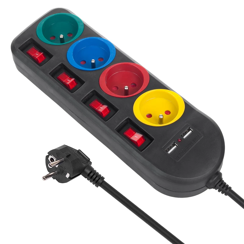 Ciabatta elettrica Maclean, cavo di prolunga a 4 prese + 2xUSB, con interruttori, 250VAC/10A, 2,1A 5V, 1,5m, nero, MCE229 B