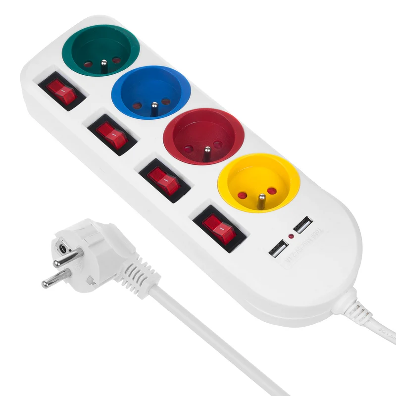 Ciabatta elettrica Maclean, cavo di prolunga a 4 prese + 2xUSB, con interruttori, 250VAC/10A, 2,1A 5V, 1,5m, bianco, MCE229 W