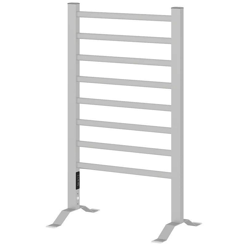 Scaldasalviette Elettrico da Terra o Parete 53x35x90 cm 150W con 8 Barre e Timer 2-4 Ore in Alluminio Argento
