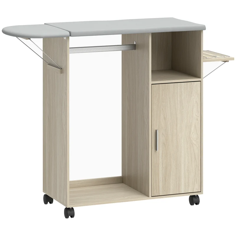 Mobile Asse da Stiro in Effetto Lino Armadietto e Barra per Vestiti 127x42,5x99 cm Grigio e Color Legno