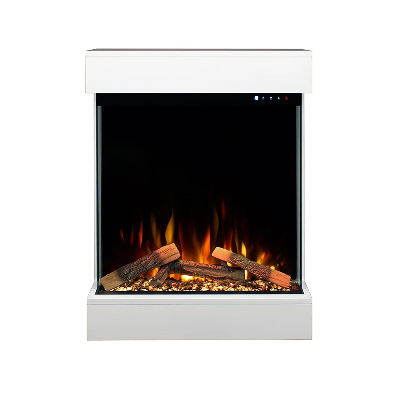 Caminetto Elettrico da Pavimento Autoportante Calliope Effetto Fuoco e Telecomando con Cornice in Legno MDF Bianco