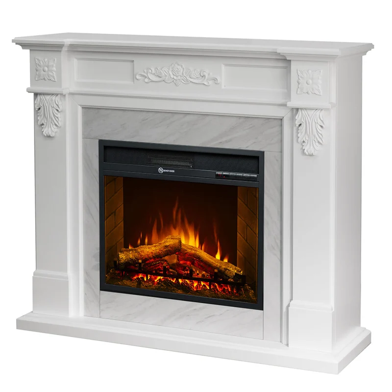 Camino Elettrico da Terra 121x38x108 cm Truman Effetto Marmo Bianco