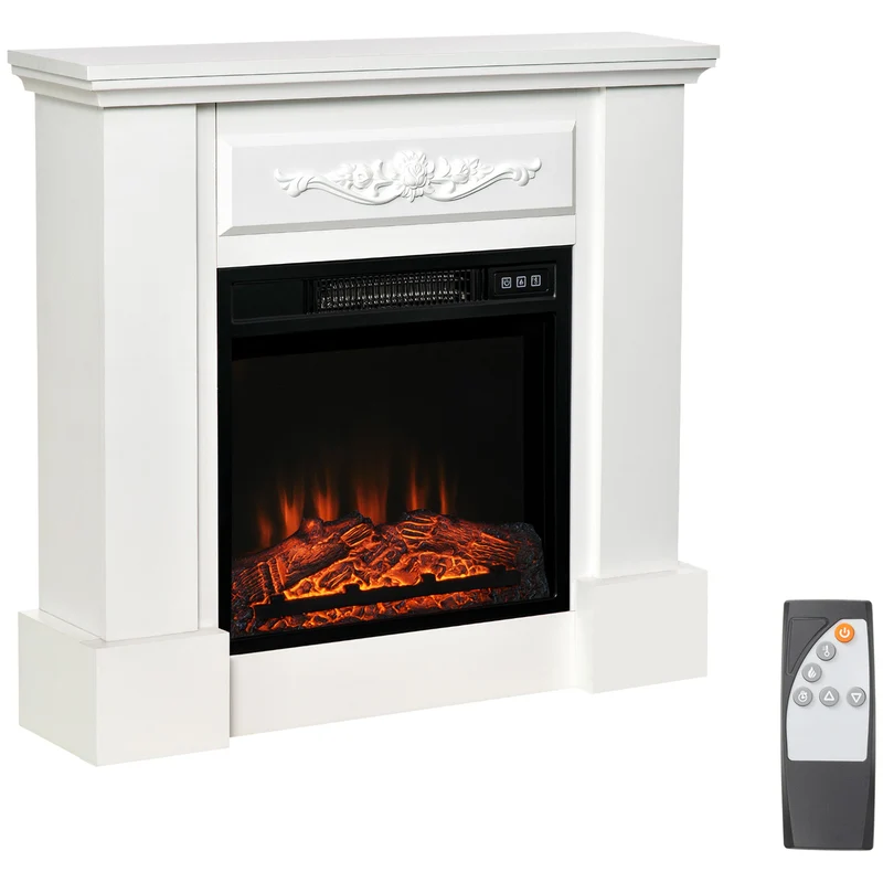 Camino Elettrico da Terra 1800W con Effetto Fiamma Telecomando e Timer Bianco