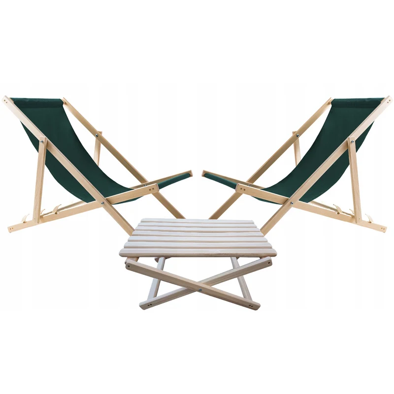 Set di 2 sedie da spiaggia,+ tavolino in legno, colore verde Woodok