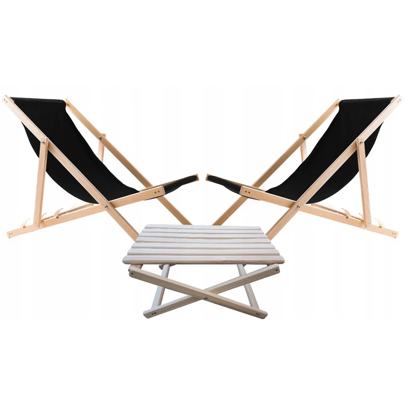 Set di 2 sedie da spiaggia+ tavolino in legno, colore nero Woodok