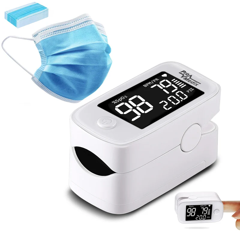 Promedix PR-870 1,5" HD LED pulsossimetro medico + 2x Maschere mediche CE EN 14683:2019 - set - colore blu 10 pezzi Promedix PR-280 BFE>98%.