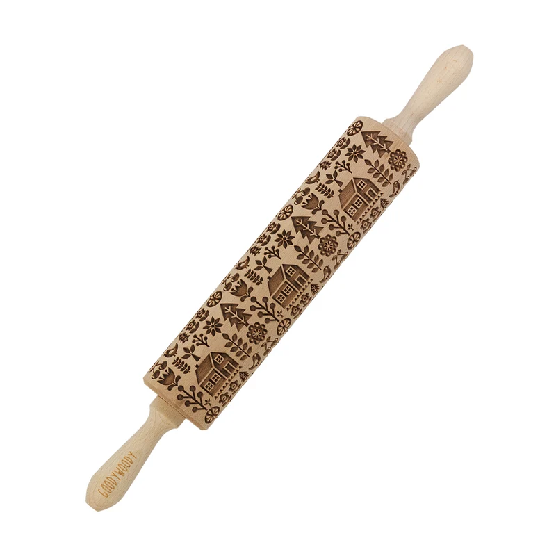 Rullo per dolci inciso Goody Woody, 46 cm, legno di faggio, Villaggio scandinavo