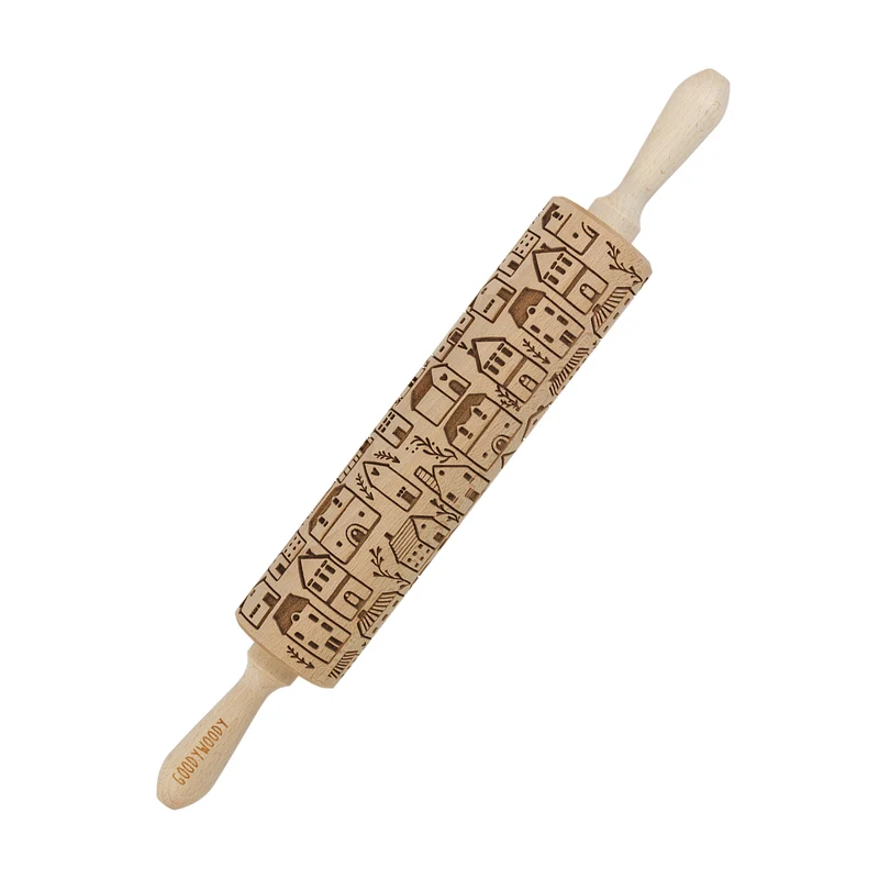 Rullo per dolci inciso Goody Woody, 46 cm, legno di faggio, città scandinava