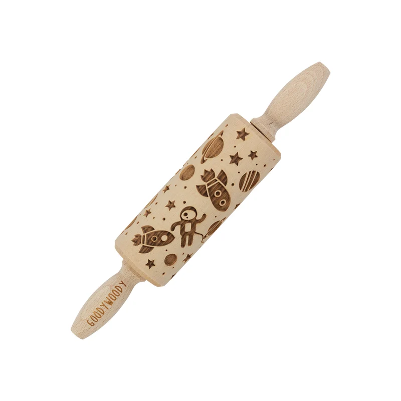 Rullo per torte inciso Goody Woody, 23,5 cm, legno di faggio, disegno del cosmo