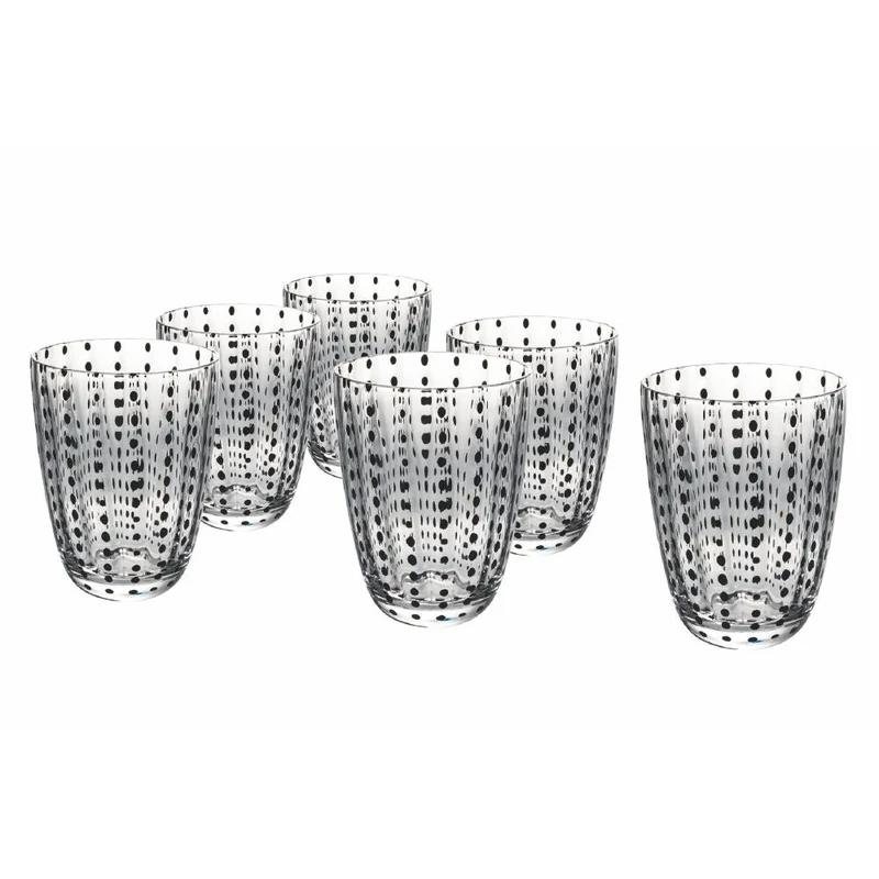 Set 6 Bicchieri Acqua Kalahari in Vetro VdE Tivoli 1996 Trasparente con Pois Neri