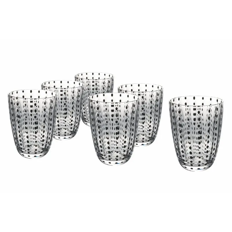 Set 6 Bicchieri Acqua Kalahari in Vetro VdE Tivoli 1996 Trasparente con Pois Neri