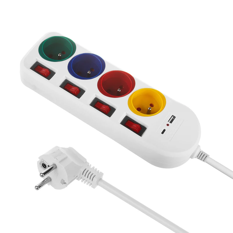 Ciabatta elettrica Maclean, prolunga a 4 prese + USB A / C, con interruttori, 250VAC/10A, 1,5 m, bianco, MCE508 W