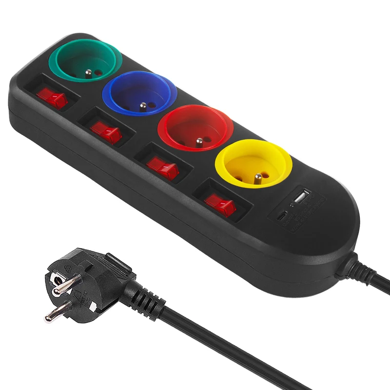 Ciabatta elettrica Maclean, prolunga a 4 prese + USB A/C, con interruttori, 250VAC/10A, 1,5 m, nero, MCE508 B