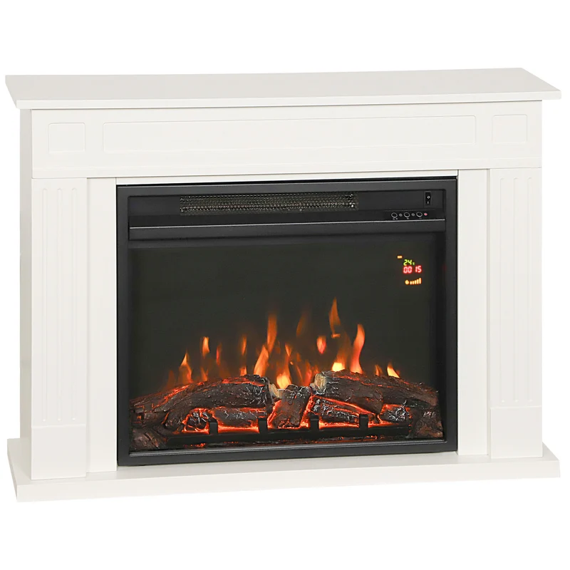 Camino Elettrico da Pavimento 98x23,5x69,5 cm con Fiamma a 5 Luminosità Telecomando e Timer Bianco e Nero