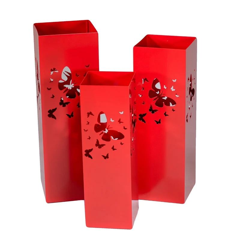 Set 3 Portaombrelli in Metallo 20x20H60cm Farfalle e Cerchi Rosso